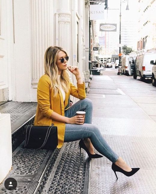 A White Tee with a Yellow Blazer and Slim-fit Jeans