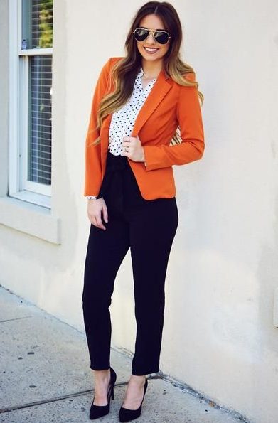  A White Polka Dot Shirt with an Orange Blazer and Black Pants