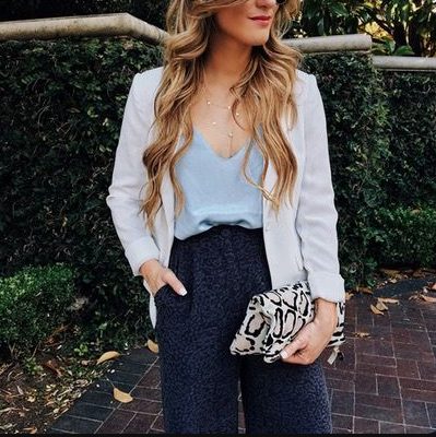 Light Blue Camisole with a White Blazer and Wide-leg Pants