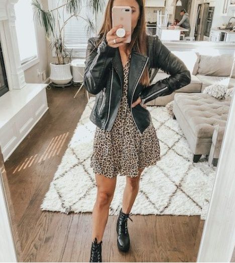 Leopard Print Skirt And Leather Jacket