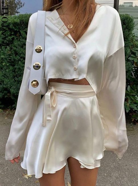 Satin Skirts And White Two-Piece Shirt