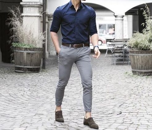 Navy Blue Shirt with Grey Western Slim-fit Pants