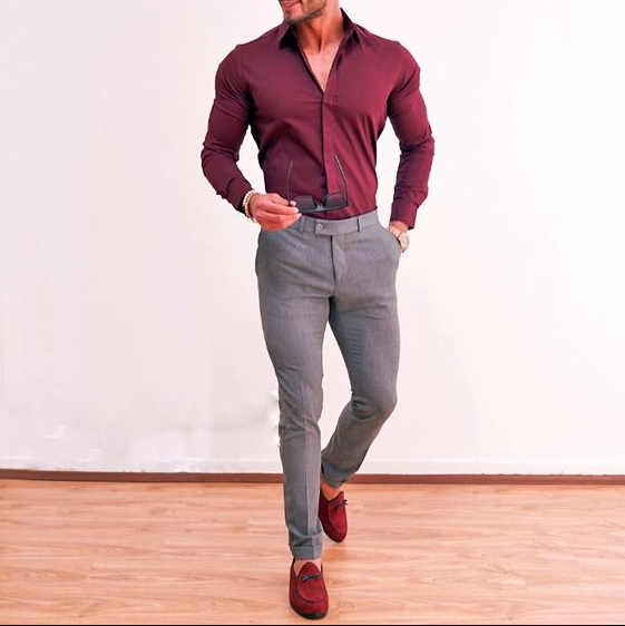 Dark Red Shirt with Grey Western Slim-fit Pants