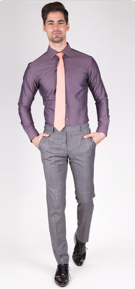 Purple Shirt and Grey Trousers