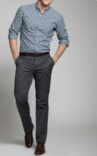 Blue Plaid Shirt with Grey Trousers
