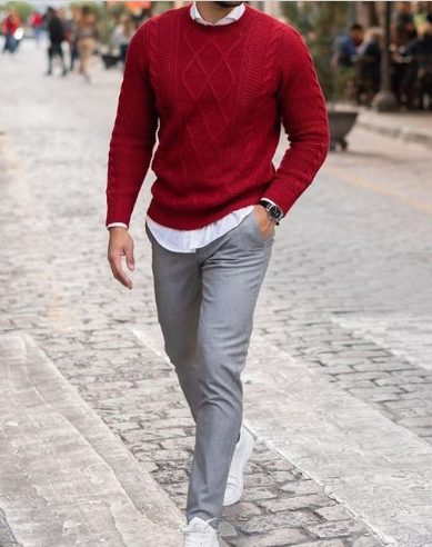 Red Sweatshirt with Grey Trousers