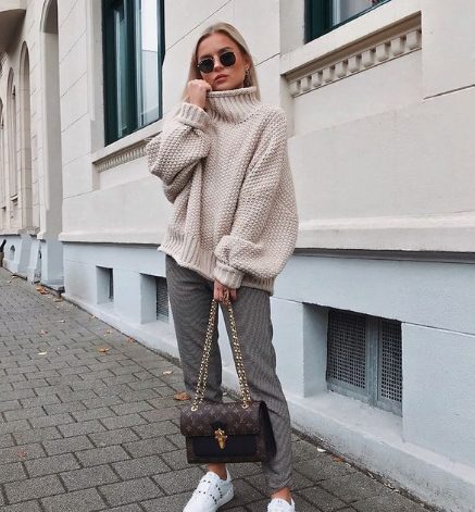 Cream Pullover Sweater with Grey Pants
