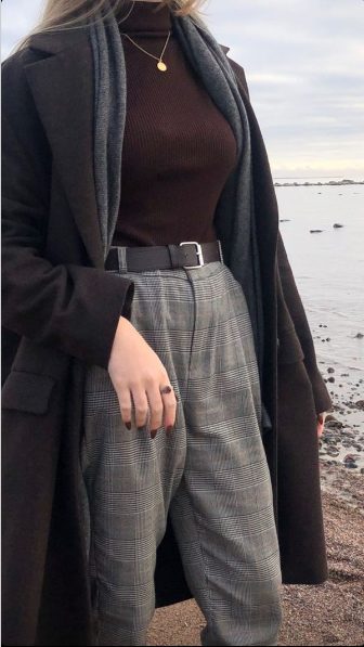 Dark Brown Turtleneck Shirt with Grey Plaid Trousers