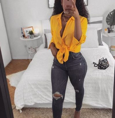 Saffron Shirt with Dark Grey Jeans