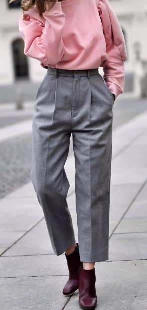Pink Puff Sleeve Shirt with Grey High-waisted Trousers