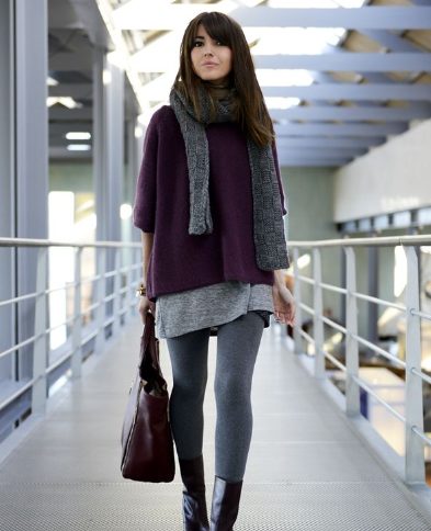 Dark Purple Oversized Sweater with a Grey T-shirt  and Grey Leggings 
