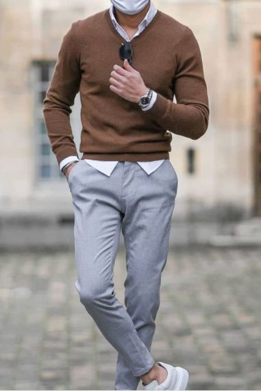 Brown Sweater with Grey Pants
