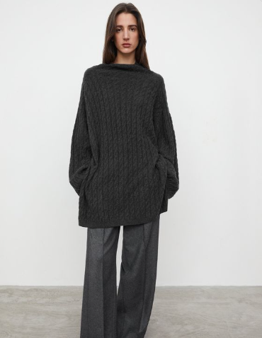 Long Sleeve Sweater in Dark Grey with Wide-leg Trousers