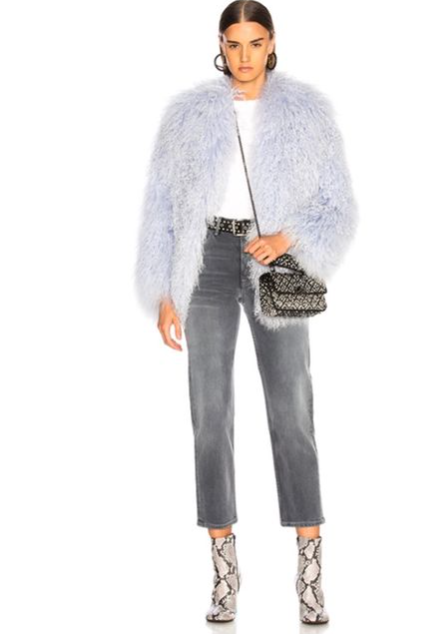 White Tee and Fur Jacket with Grey Jeans