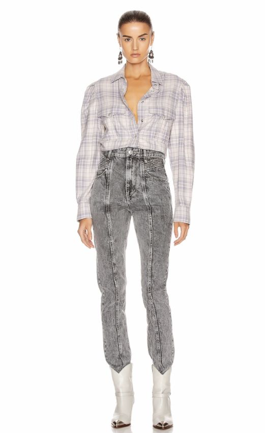 White and Purple Sheckered Shirt with Smoke Jeans