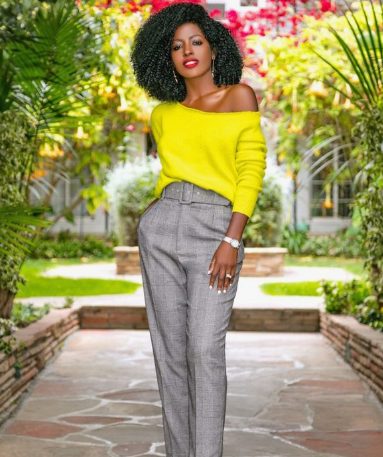 Yellow Late-shoulder Shirt with Grey Checkered Trousers