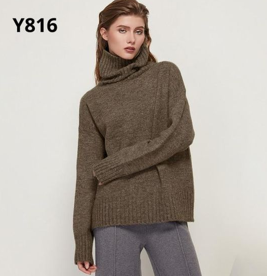 Light Brown Turtleneck with Grey Wide-leg Trousers