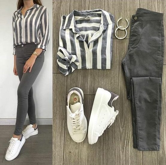 White and Gray Striped Shirt with Grey Jeans