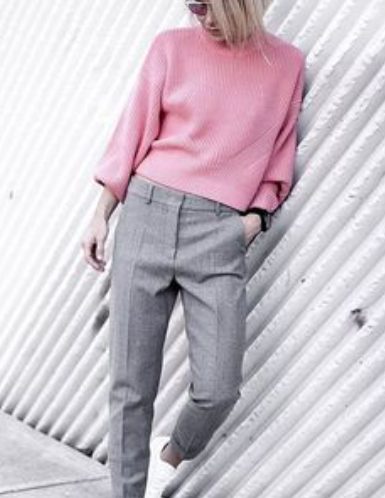 Pink Boxy Sweater with Grey Ankle Pants