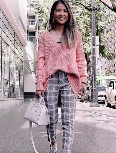 Light Pink Sweater with Grey Checkered Trousers