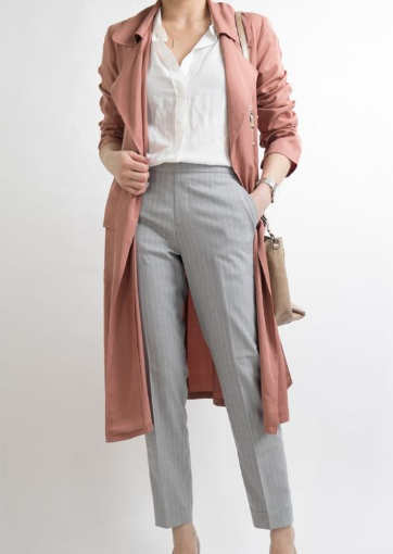 A White T-shirt with a Pink Coat and Grey Khaki Pants