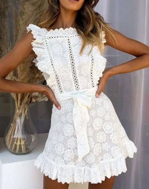  White Crochet Lace Bodycon Mini Dress 