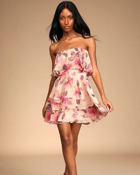 Floral Ruffled Strapless Mini Dress