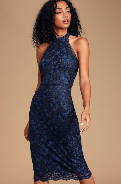 Navy Blue Lace Midi Dress