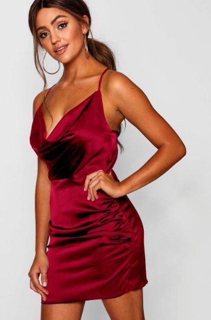 Red Satin Cowl Neck Ruched Dress