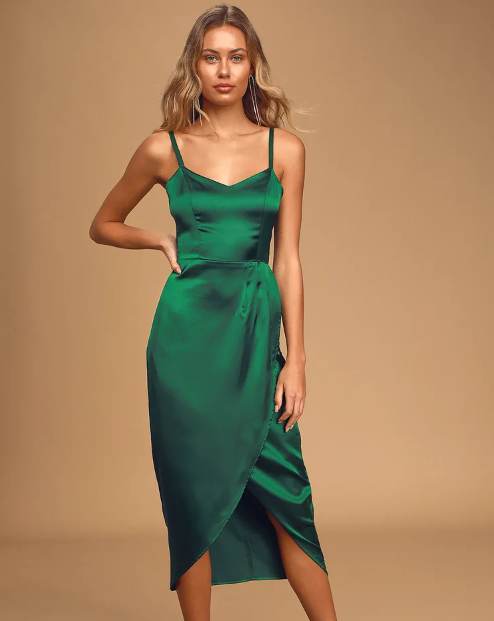 Forest Green Satin Midi Dress