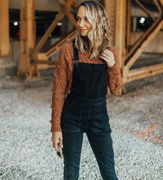 Pom Sweater With Black Overalls