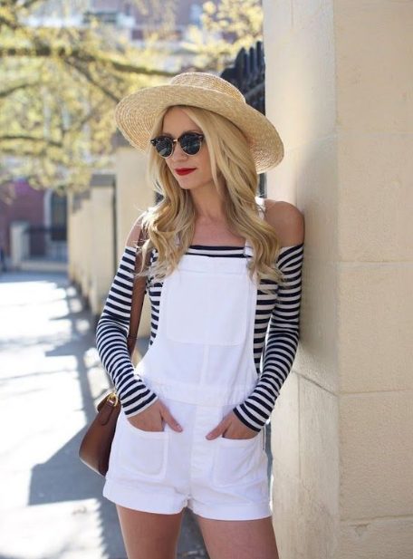 Striped Off-Shoulder Sweatshirt With White Overalls Short