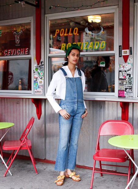 White Long-Sleeved Shirt With Denim Overalls