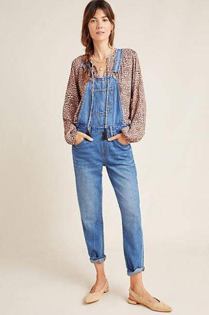 Pattern Blouse With Denim Overalls