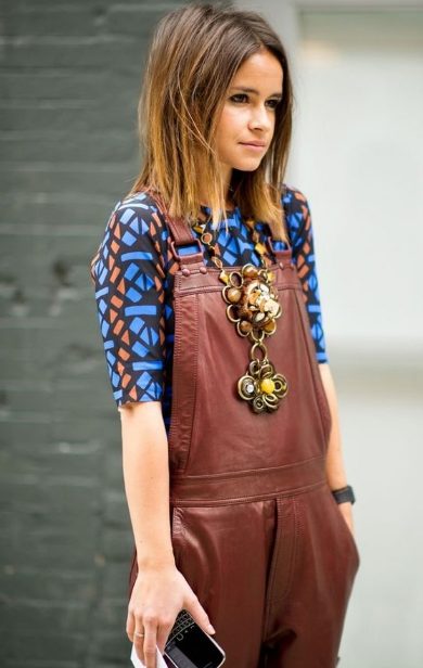 Blue Pattern Top With Brown Leather Overalls
