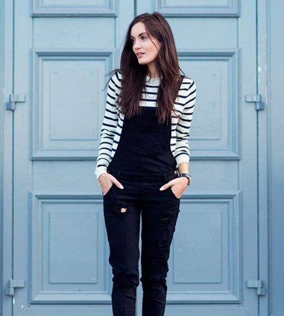 Striped Sweatshirt With Black Slim-Fit Overalls