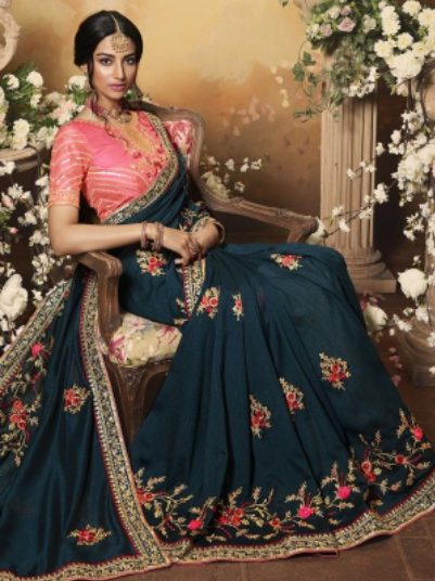 Teal Embroidered Blouse and Teal Sareetodifferent Footwear Types