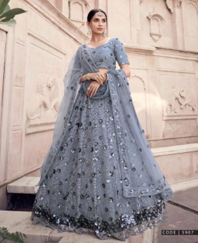 Grey Soft Net Sequin Work Lehenga