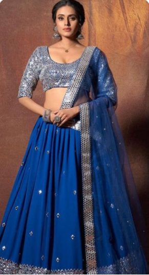 Royal Look Blue Color Mirror Work Lehenga Choli Set