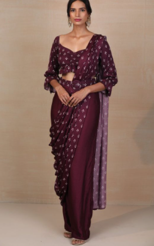 Purple Printed Draped Saree and Pants