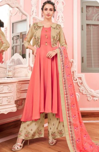 Coral Anarkali With Peach