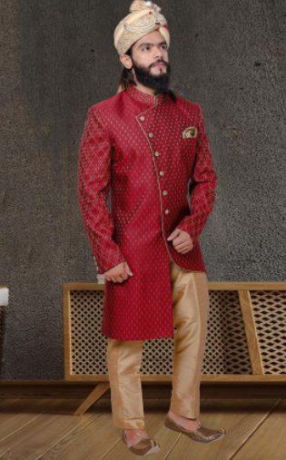 Maroon Silk Asymmetrical Sherwani Jacket With Trousers For Men