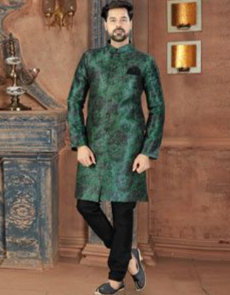 Green Silk Indo-Western Suit For Men 