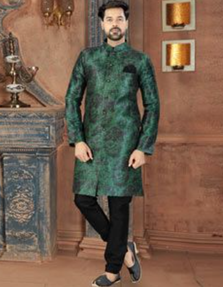 Green Silk Indo-Western Suit For Men