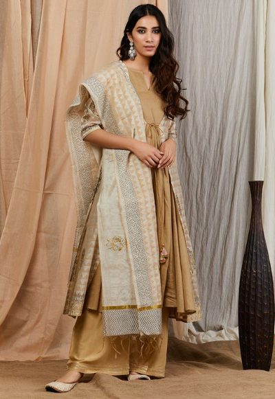 Nude Hand Block Printed Cotton Silk Dupatta