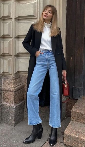 Coats, Sweaters, and Straight-leg Jeans