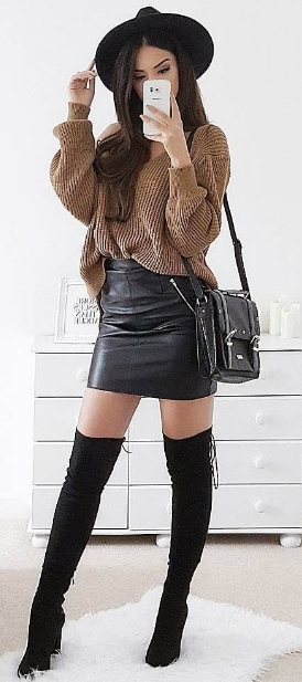 Sweater, Short Black Leather Skirt 