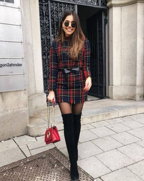 Tweed Dresses in Leather Belt and Over-the-knee Boots