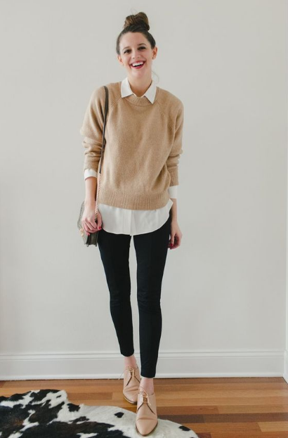 Neutral Sweater over White Shirts with Leggings