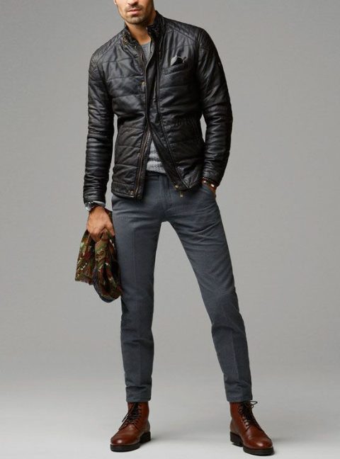 Leather Jackets With Grey Pants For Men